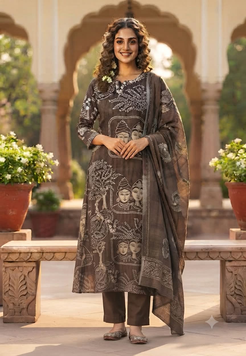 Artisnal Goddes Inspired Print Brown Pallete Crepe Full Suit Set With Dupatta- 16322