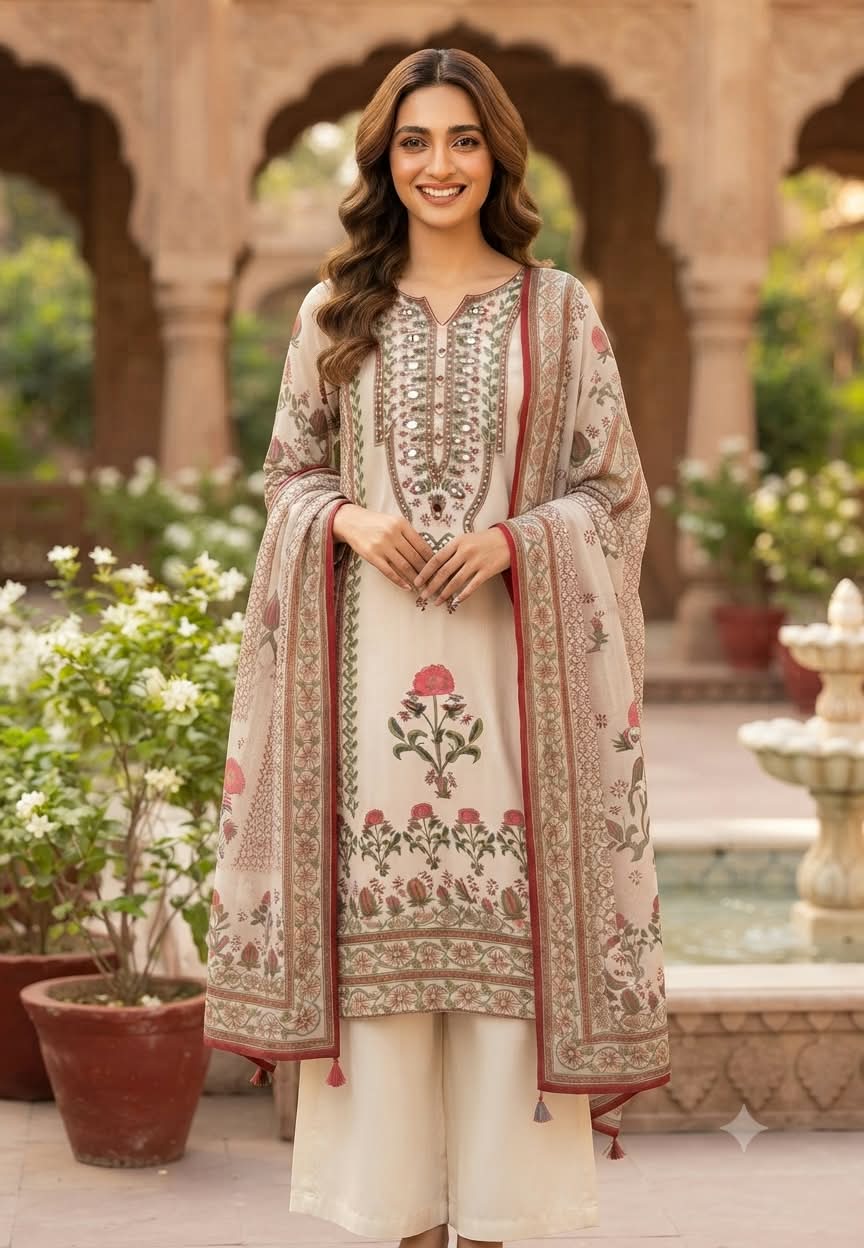 Placement Floral Print Mirror Touch Lawn Style Russian Silk Full Suit Set With Dupatta- 16084
