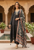 Intricate Minimal Embroidery Neckline Solid Crepe Full Suit Set With Printed Dupatta- 13786