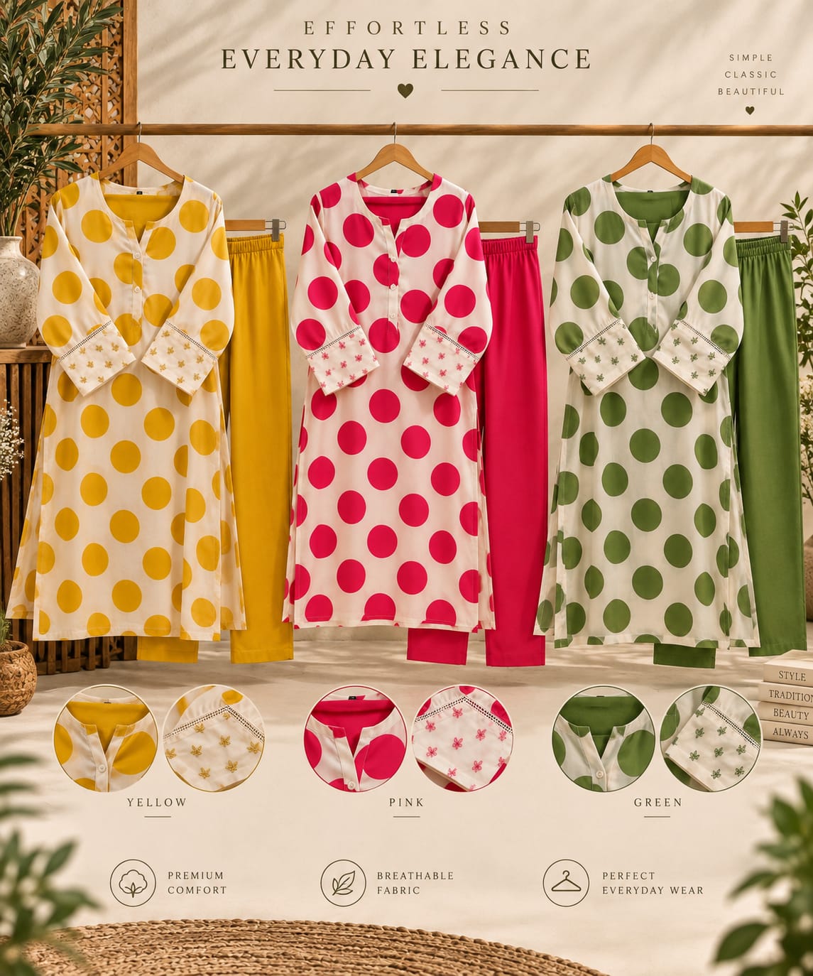 Twin Contrasted Cheerful Polka Dotted Beaded Sleeve Kurta Pant Set- 16352