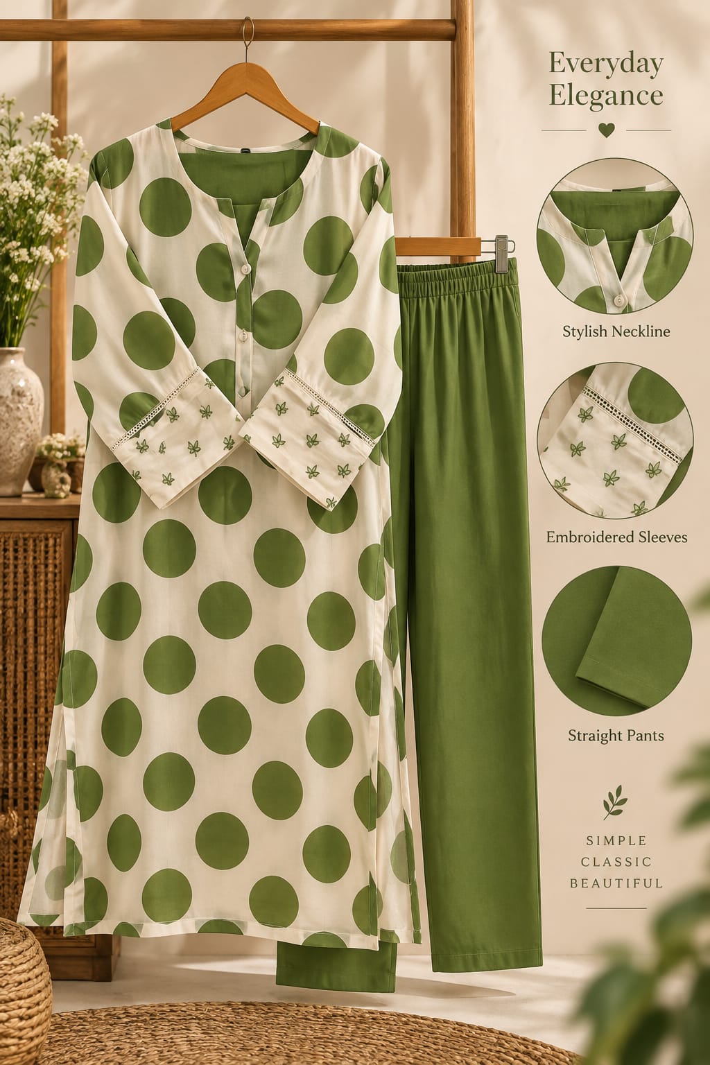 Twin Contrasted Cheerful Polka Dotted Beaded Sleeve Kurta Pant Set- 16352