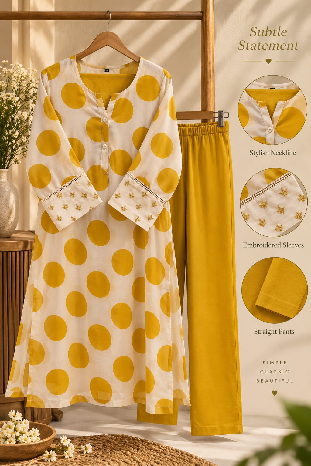 Twin Contrasted Cheerful Polka Dotted Beaded Sleeve Kurta Pant Set- 16352
