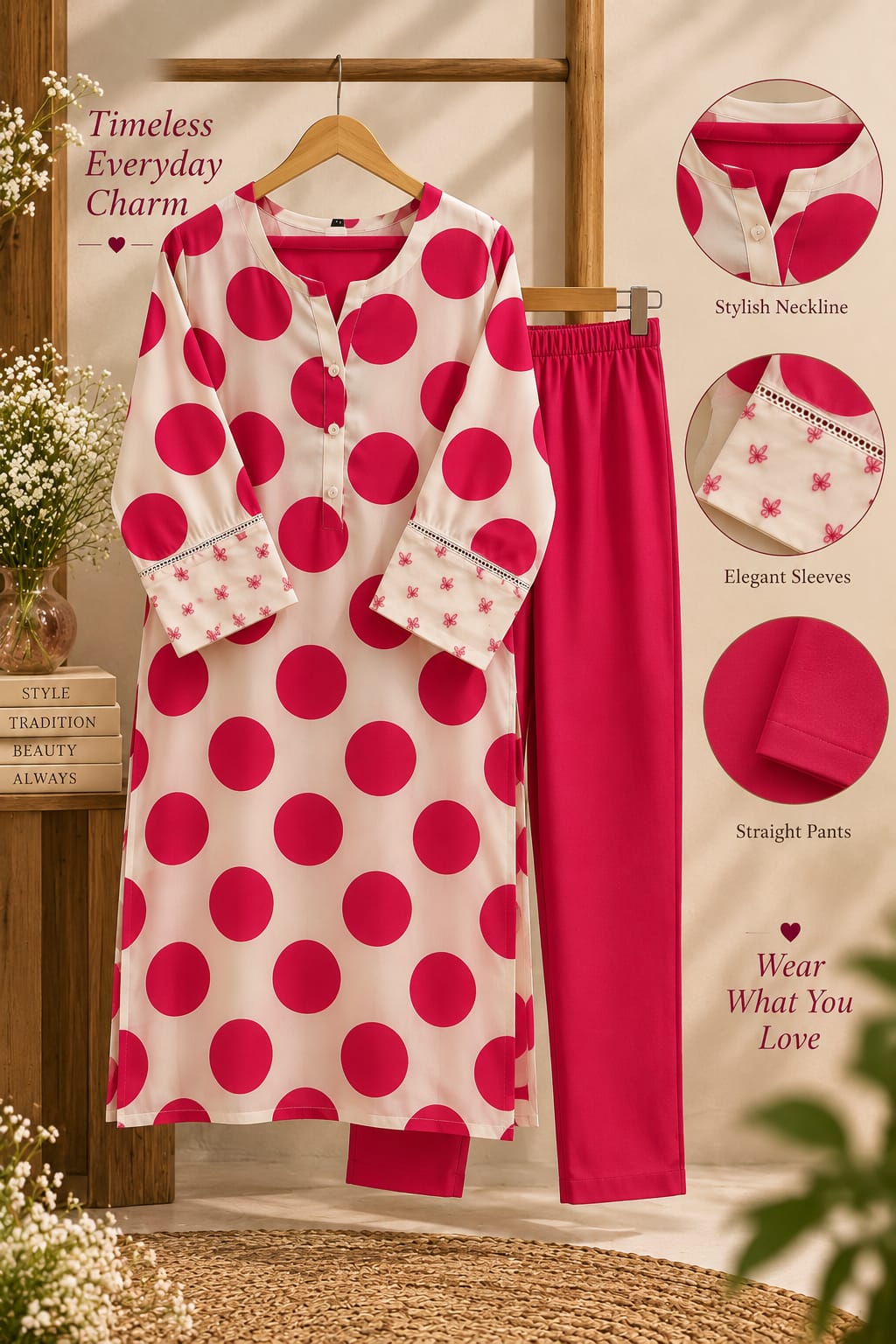 Twin Contrasted Cheerful Polka Dotted Beaded Sleeve Kurta Pant Set- 16352