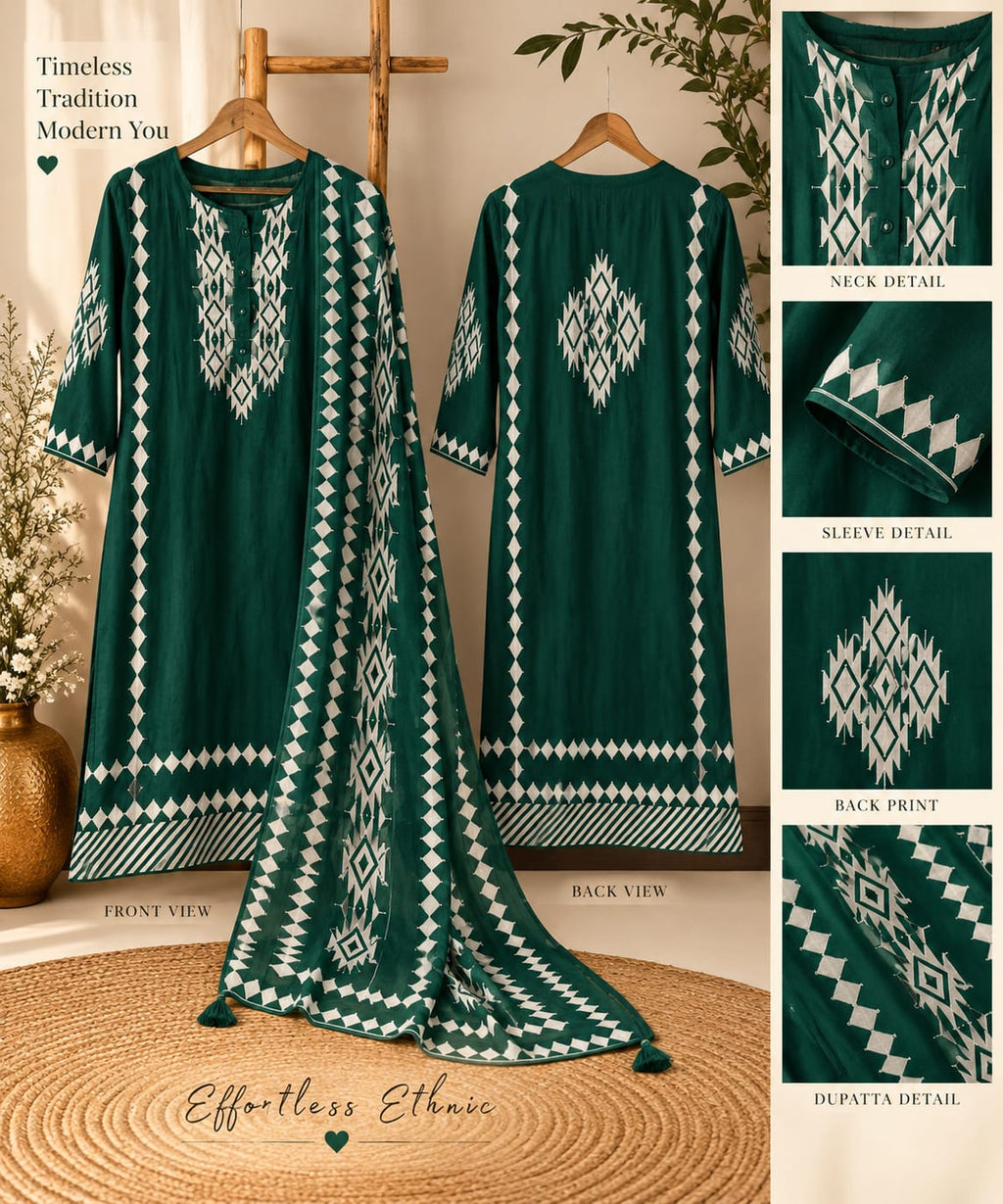 Geometric Patang Abstract Print Russian Silk Full Suit Set With Matching Dupatta- 16357
