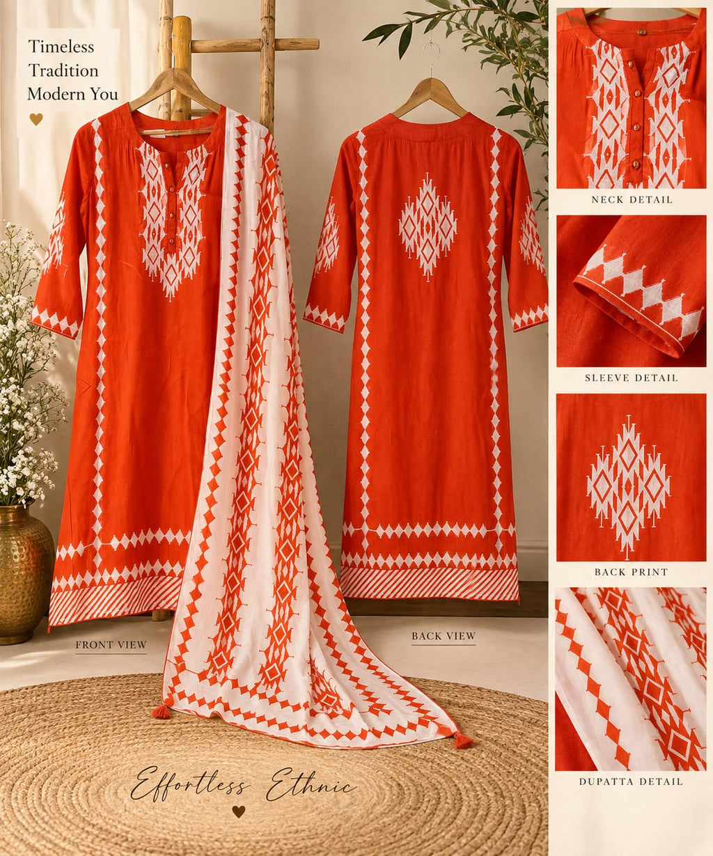 Geometric Patang Abstract Print Russian Silk Full Suit Set With Matching Dupatta- 16357