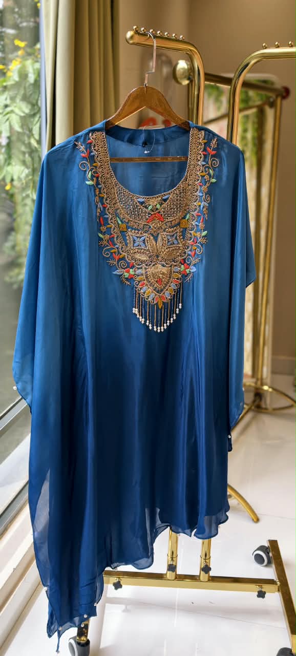 Multicolor Thread Zardosi Embroidery Yoke Flowy Crepe Kaftan With Matching Bottom- 16407