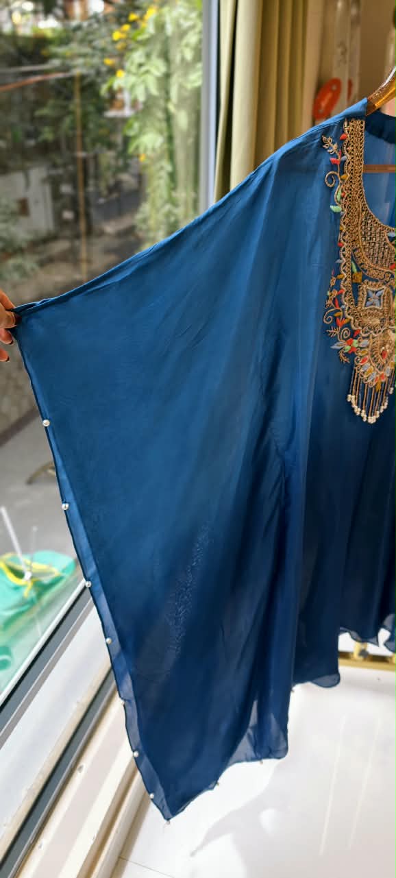 Multicolor Thread Zardosi Embroidery Yoke Flowy Crepe Kaftan With Matching Bottom- 16407