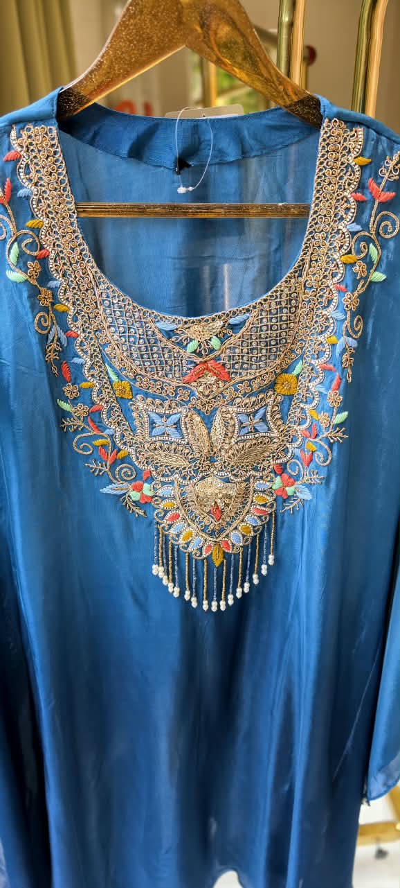 Multicolor Thread Zardosi Embroidery Yoke Flowy Crepe Kaftan With Matching Bottom- 16407