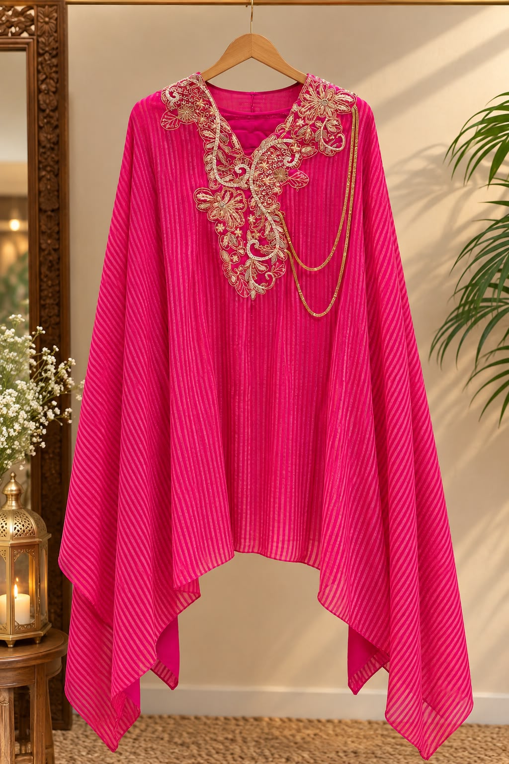 Elegant Dabka Embroidered Yoke With Stylish Chain Accent Striped Kaftan Outer With Buster & Matching Bottom Indo-Wear- 16414