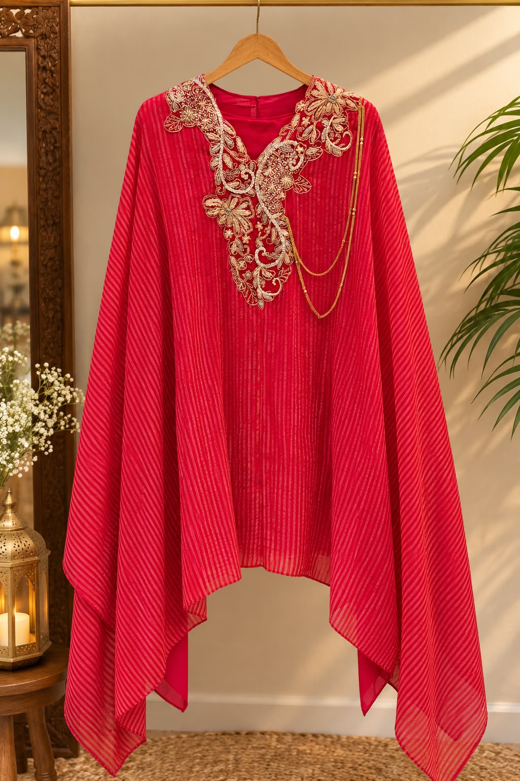 Elegant Dabka Embroidered Yoke With Stylish Chain Accent Striped Kaftan Outer With Buster & Matching Bottom Indo-Wear- 16414