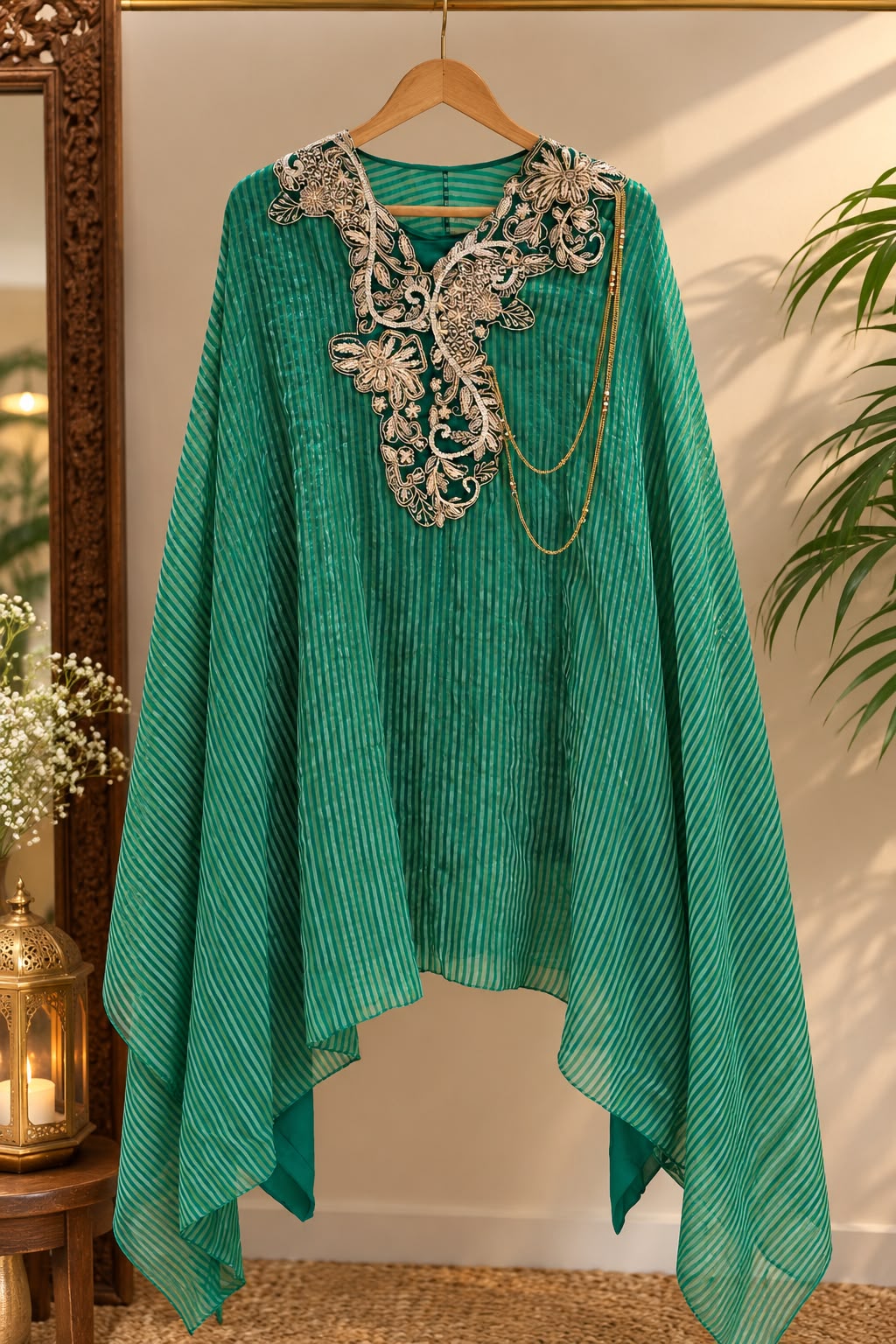 Elegant Dabka Embroidered Yoke With Stylish Chain Accent Striped Kaftan Outer With Buster & Matching Bottom Indo-Wear- 16414