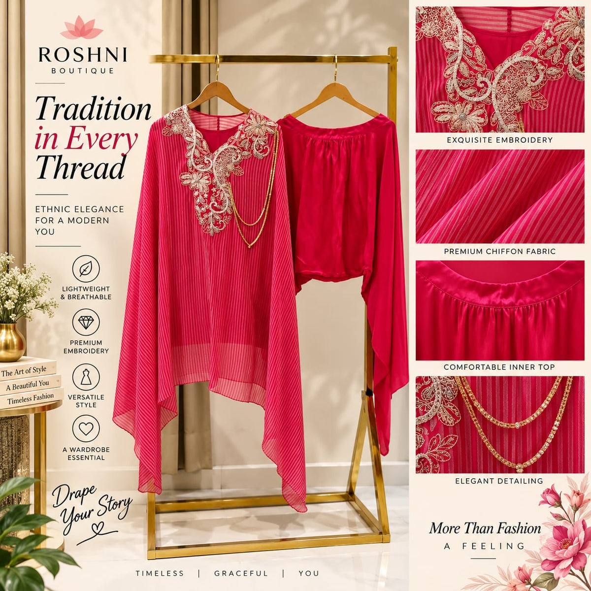 Elegant Dabka Embroidered Yoke With Stylish Chain Accent Striped Kaftan Outer With Buster & Matching Bottom Indo-Wear- 16414