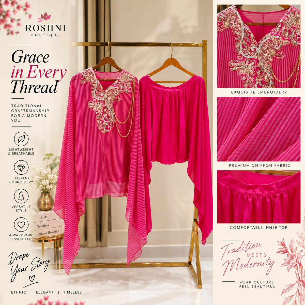 Elegant Dabka Embroidered Yoke With Stylish Chain Accent Striped Kaftan Outer With Buster & Matching Bottom Indo-Wear- 16414