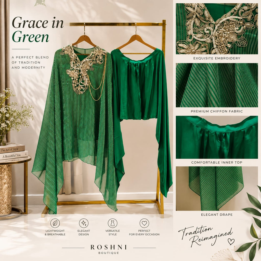 Elegant Dabka Embroidered Yoke With Stylish Chain Accent Striped Kaftan Outer With Buster & Matching Bottom Indo-Wear- 16414