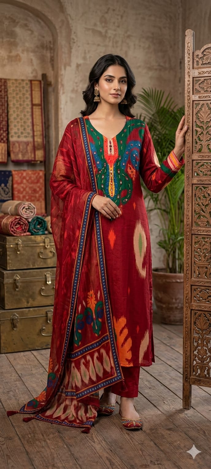 Ikkat Print Vibrant Color Combination Real Mirror Elegance Crepe Full Suit Set With Organza Dupatta, Lining Inside (Slightly Lean Fit)- 13754 W66