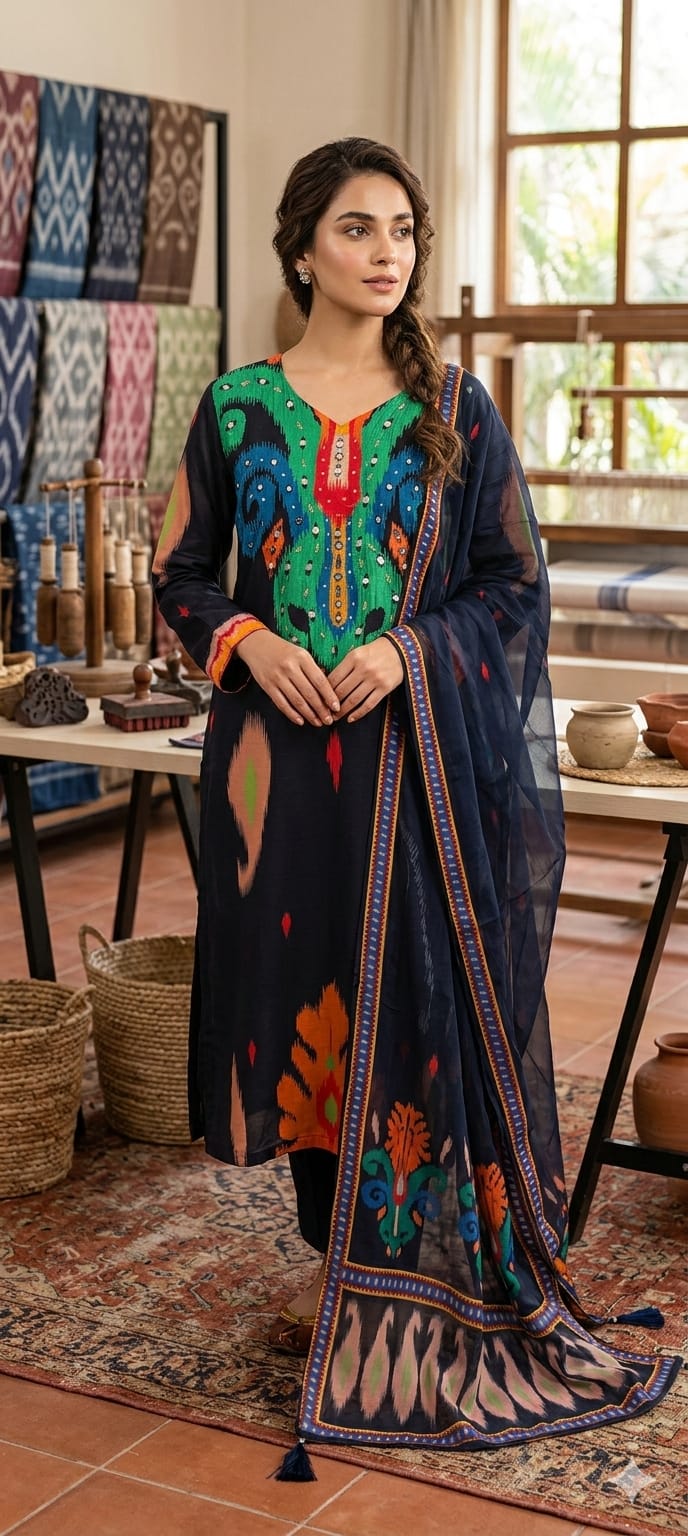 Ikkat Print Vibrant Color Combination Real Mirror Elegance Crepe Full Suit Set With Organza Dupatta, Lining Inside (Slightly Lean Fit)- 13754 W66