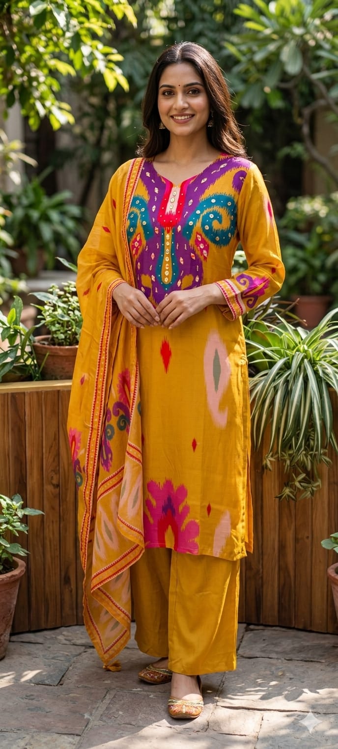 Ikkat Print Vibrant Color Combination Real Mirror Elegance Crepe Full Suit Set With Organza Dupatta, Lining Inside (Slightly Lean Fit)- 13754 W66