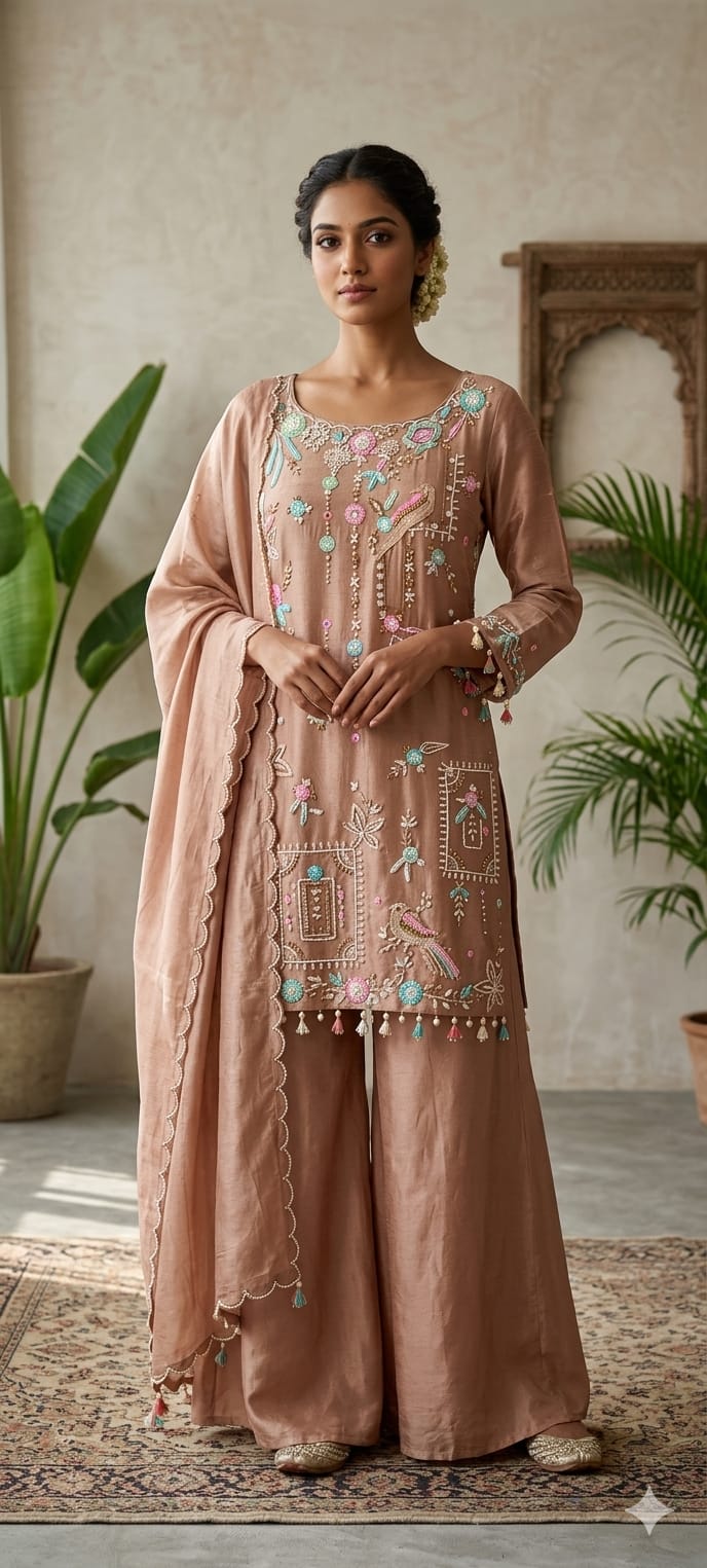 Designer Embroidered Kurti with Sharara Set & Dupatta Thread Work Ethnic Ensemble with Tassel Russian Silk Fabric-13908