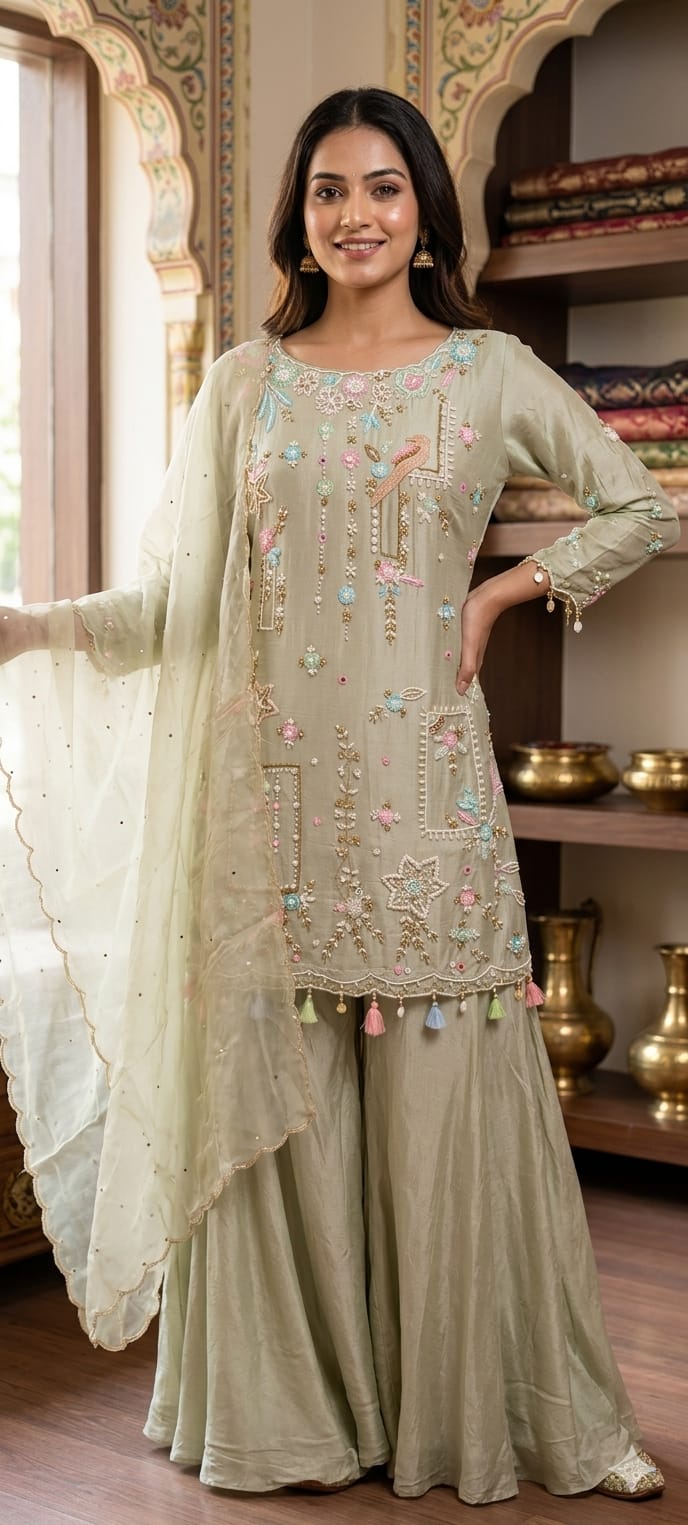 Designer Embroidered Kurti with Sharara Set & Dupatta Thread Work Ethnic Ensemble with Tassel Russian Silk Fabric-13908