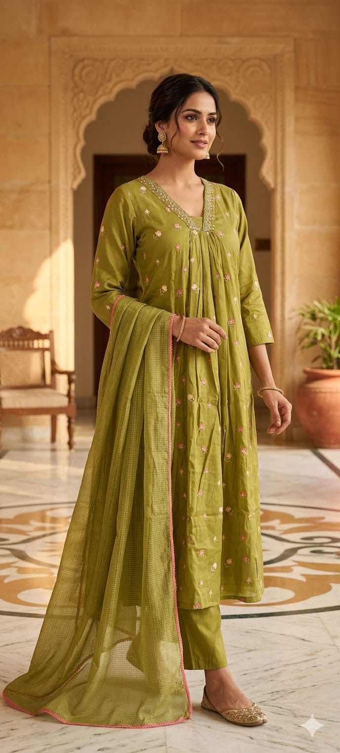 Tiny Floral Cute Embroidered Pleated A-Line Full Suit Set With Dupatta In Surat Mul Chanderi Fabric- 14010 W59