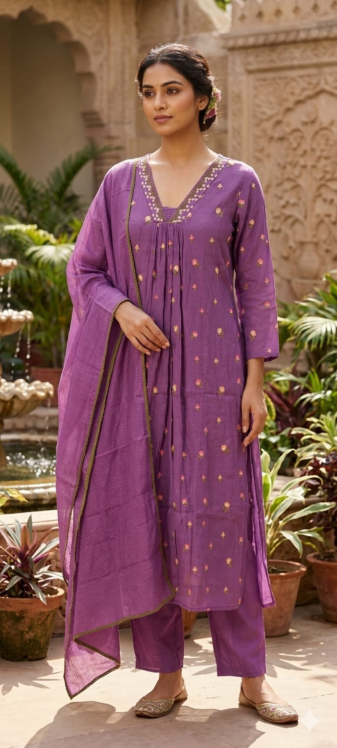 Tiny Floral Cute Embroidered Pleated A-Line Full Suit Set With Dupatta In Surat Mul Chanderi Fabric- 14010 W59