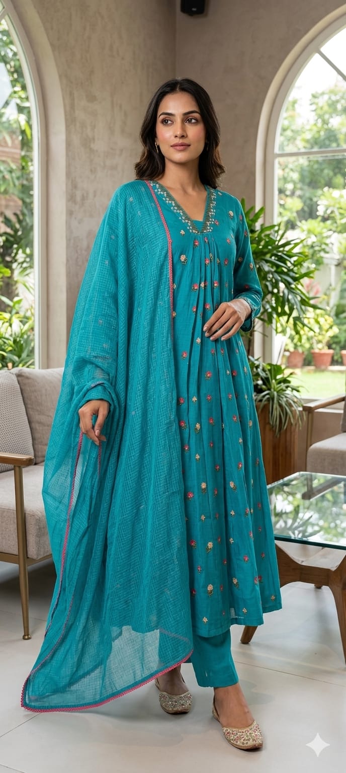 Tiny Floral Cute Embroidered Pleated A-Line Full Suit Set With Dupatta In Surat Mul Chanderi Fabric- 14010 W59
