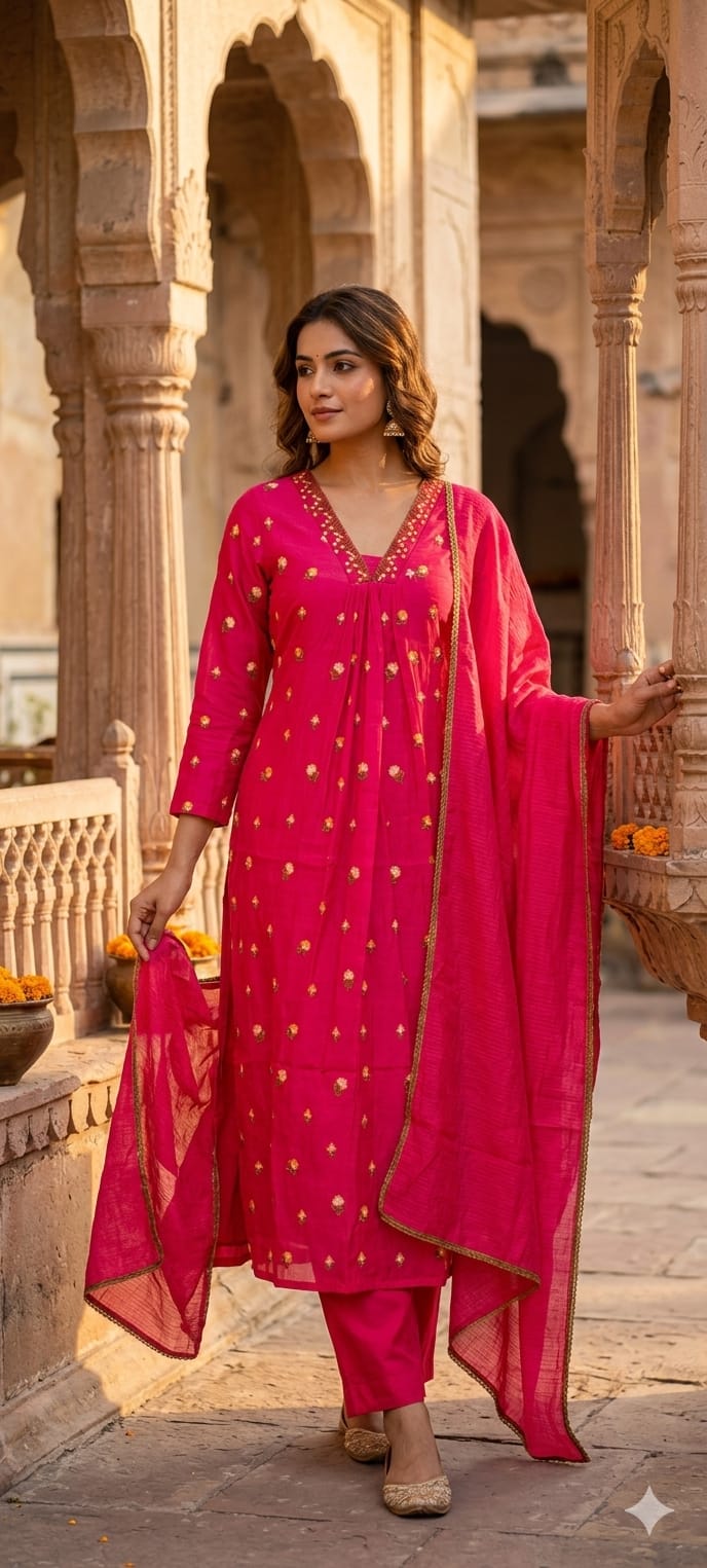 Tiny Floral Cute Embroidered Pleated A-Line Full Suit Set With Dupatta In Surat Mul Chanderi Fabric- 14010 W59