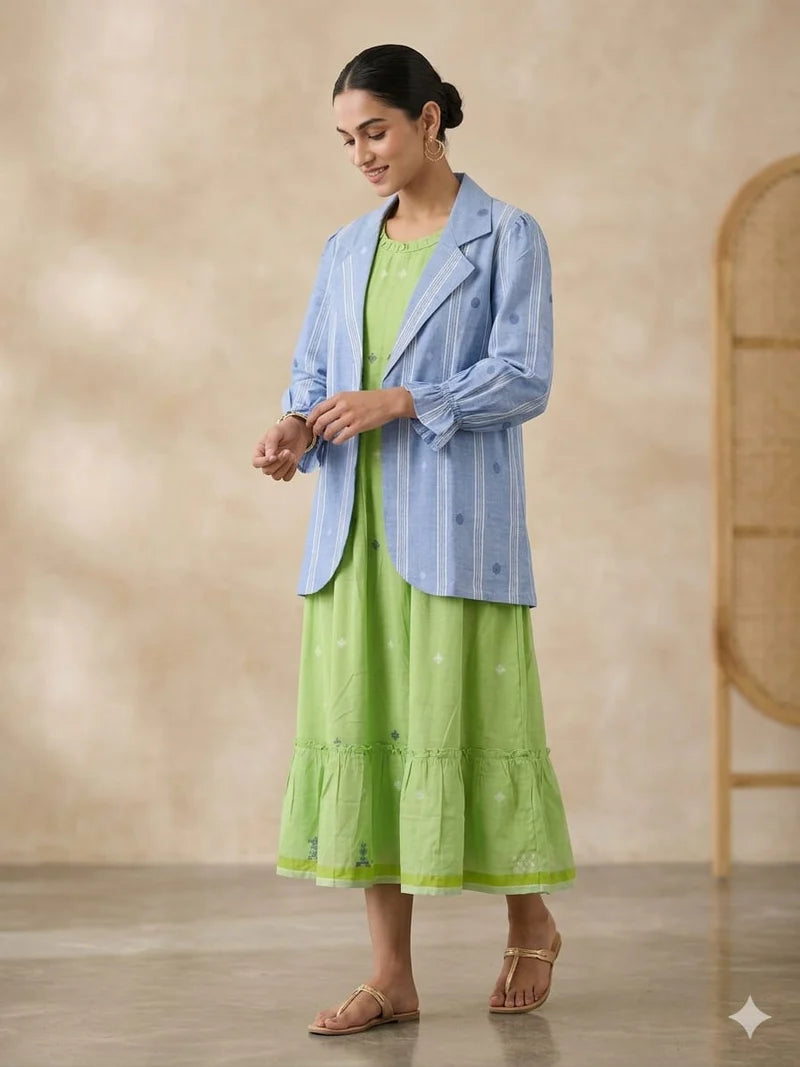 Stylish Mull Cotton Frock with Blue Striped Jacket  With Contrast Green Inner 14051 W26