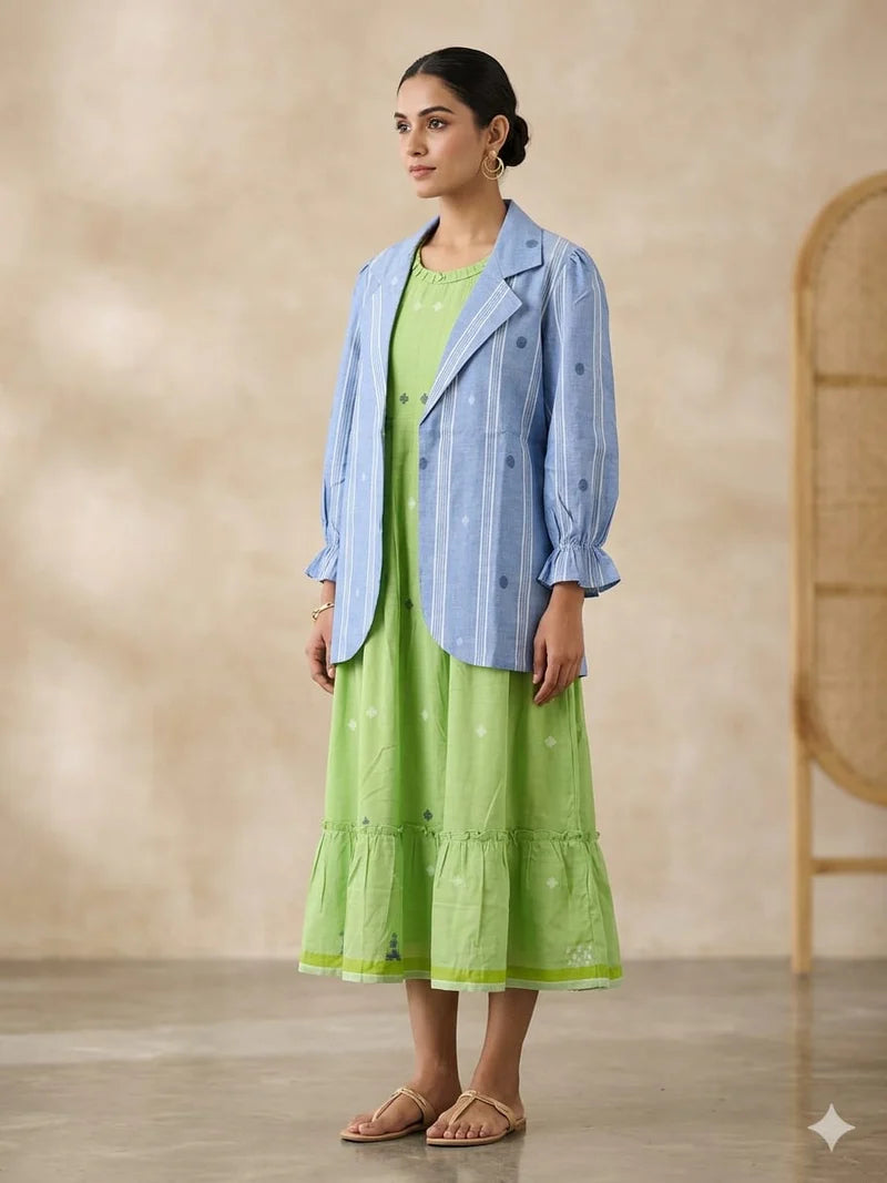 Stylish Mull Cotton Frock with Blue Striped Jacket  With Contrast Green Inner 14051 W26