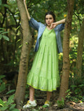 Stylish Mull Cotton Frock with Blue Striped Jacket  With Contrast Green Inner 14051 W26