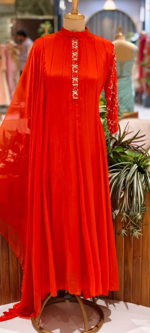 Minimal Sequin Heavy Embroidery Work In Sleeve Solid Chinon Anarkali Full Suit 14008 W50