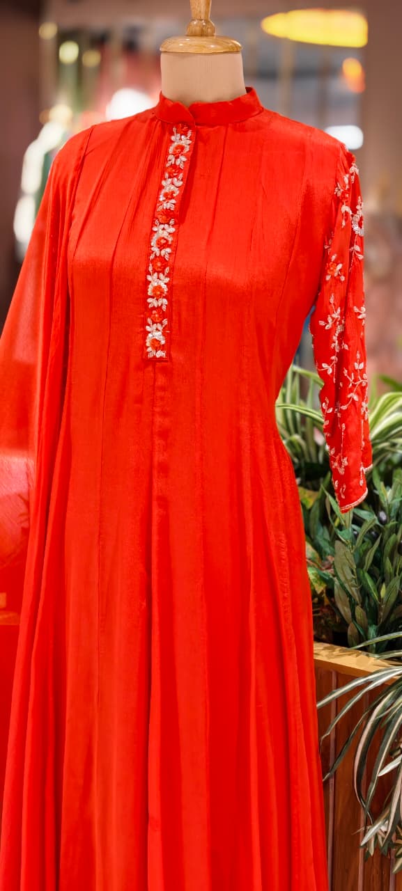 Minimal Sequin Heavy Embroidery Work In Sleeve Solid Chinon Anarkali Full Suit 14008 W50