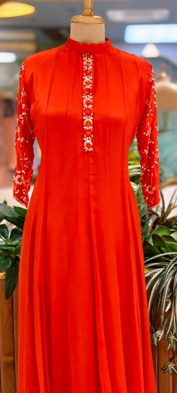 Minimal Sequin Heavy Embroidery Work In Sleeve Solid Chinon Anarkali Full Suit 14008 W50