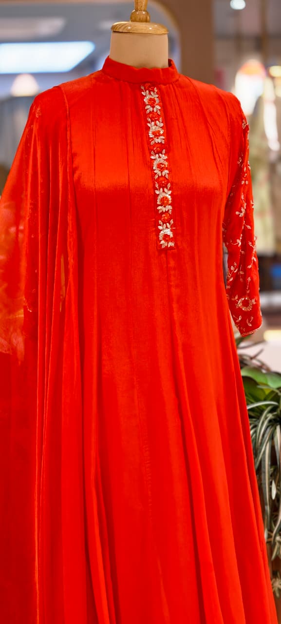 Minimal Sequin Heavy Embroidery Work In Sleeve Solid Chinon Anarkali Full Suit 14008 W50