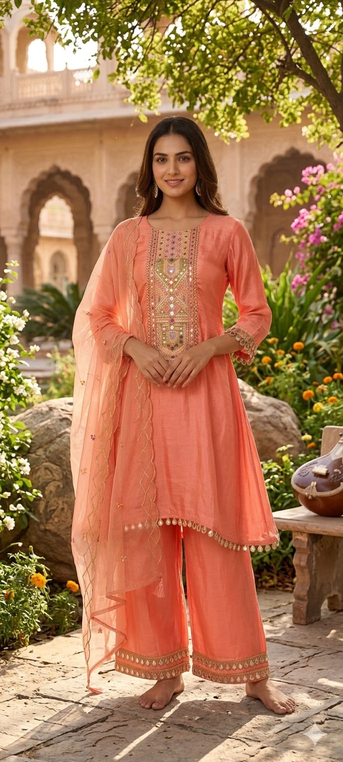 Royal Multicolor Yoke With Real Mirror Touch A-Line Full Suit Set With Dupatta In HO Silk Fabric- 14074 W45