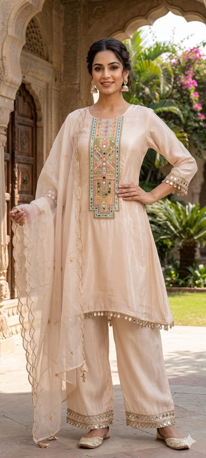 Royal Multicolor Yoke With Real Mirror Touch A-Line Full Suit Set With Dupatta In HO Silk Fabric- 14074 W45