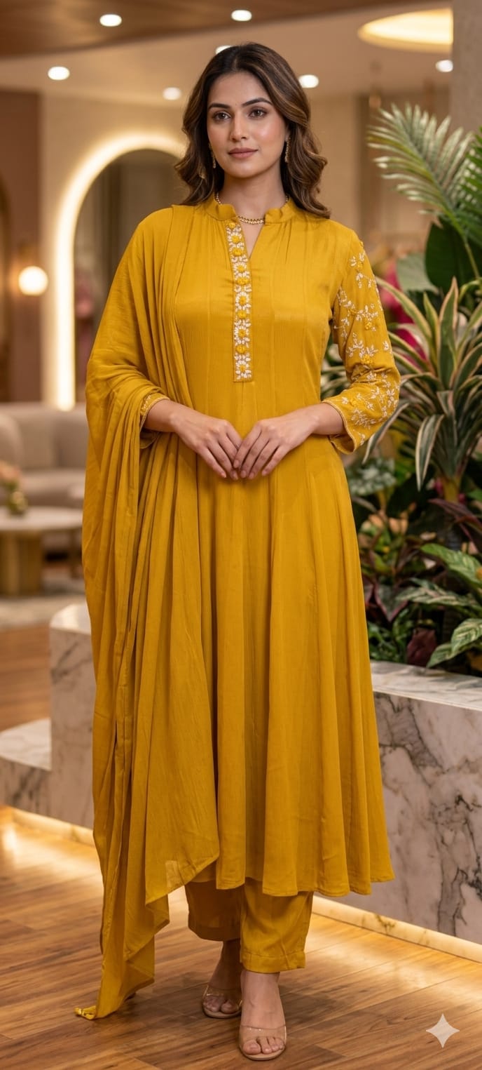 Minimal Sequin Heavy Embroidery Work In Sleeve Solid Chinon Anarkali Full Suit 14008 W50