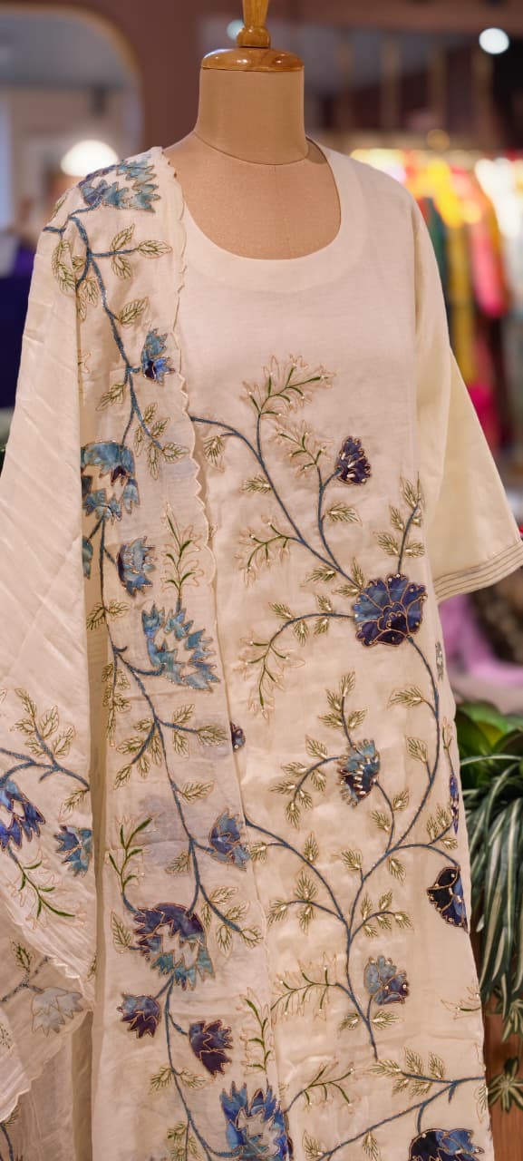 Elegant Soft Mul Chanderi Straight Cut Suit Set with Intricate Floral Embroidery 14029 W43