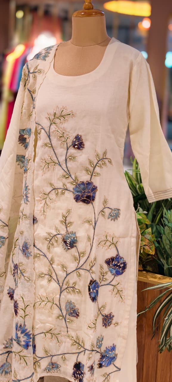 Elegant Soft Mul Chanderi Straight Cut Suit Set with Intricate Floral Embroidery 14029 W43