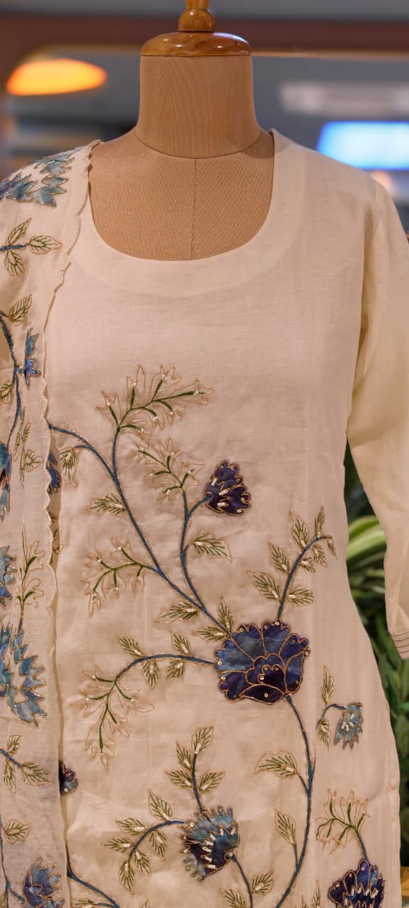 Elegant Soft Mul Chanderi Straight Cut Suit Set with Intricate Floral Embroidery 14029 W43