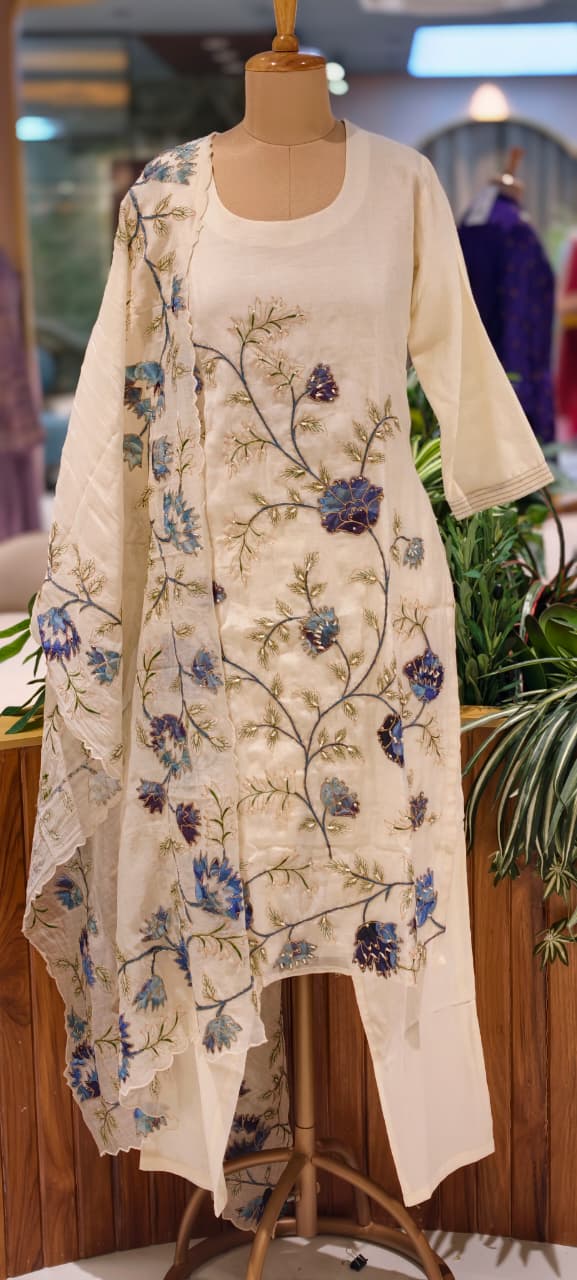 Elegant Soft Mul Chanderi Straight Cut Suit Set with Intricate Floral Embroidery 14029 W43