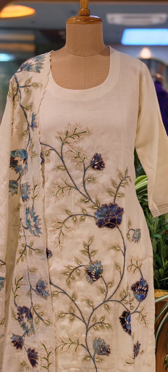 Elegant Soft Mul Chanderi Straight Cut Suit Set with Intricate Floral Embroidery 14029 W43