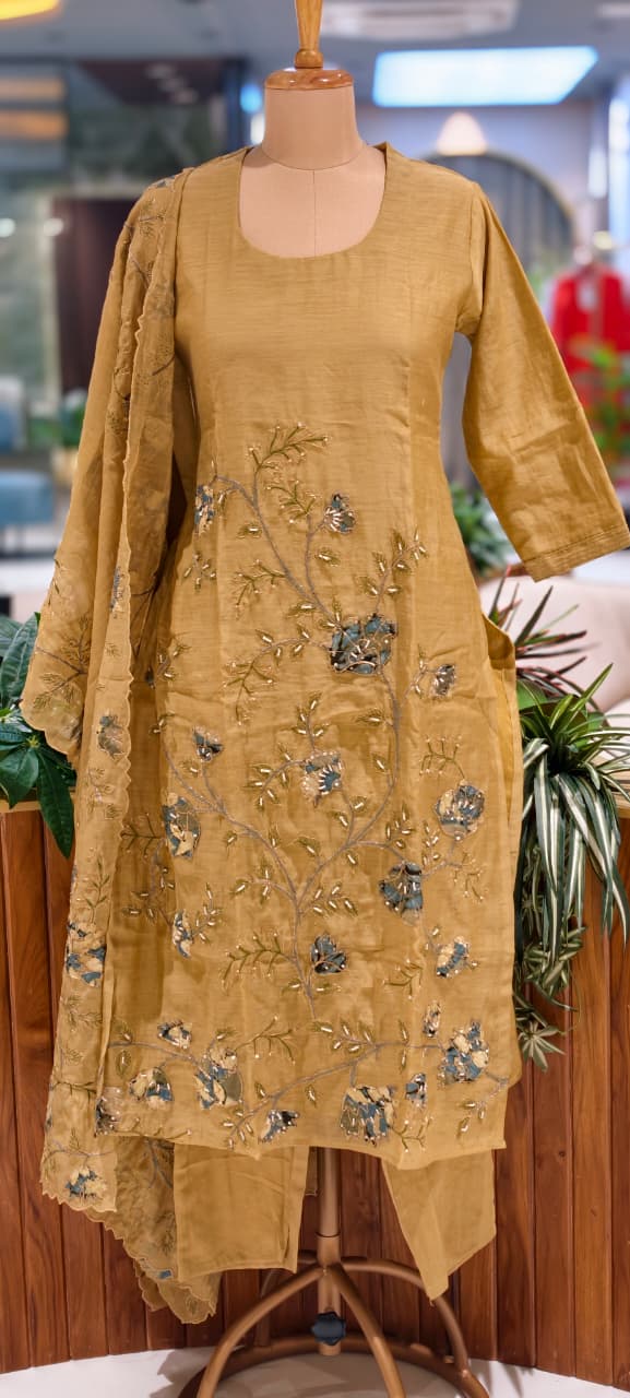 Elegant Soft Mul Chanderi Straight Cut Suit Set with Intricate Floral Embroidery 14029 W43