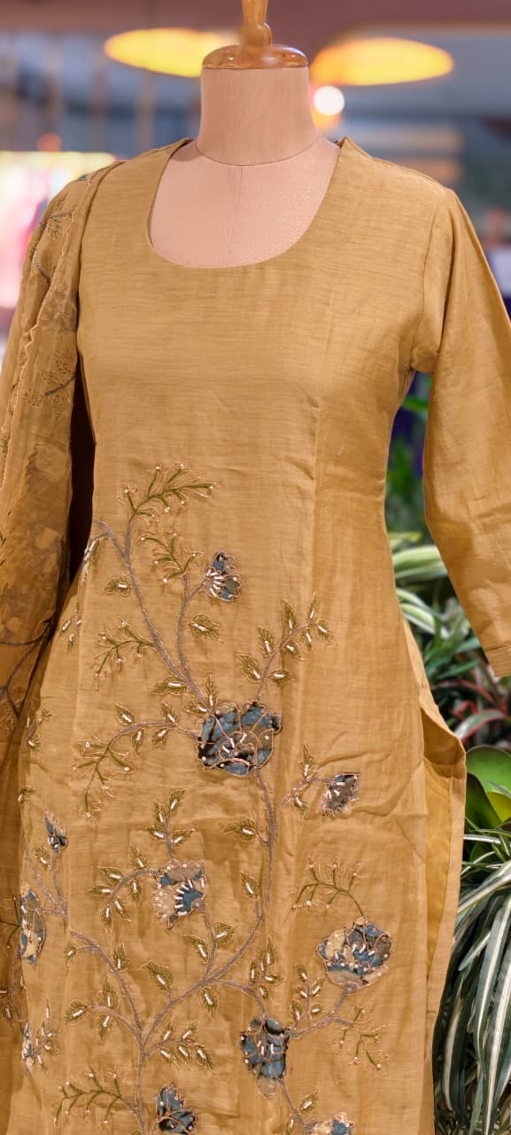 Elegant Soft Mul Chanderi Straight Cut Suit Set with Intricate Floral Embroidery 14029 W43