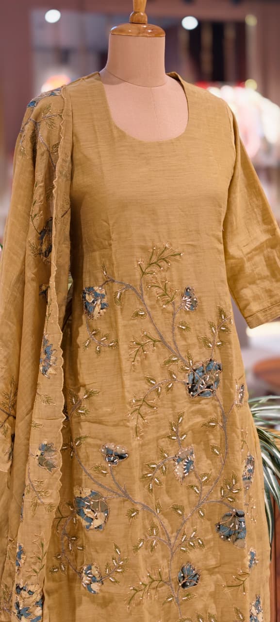 Elegant Soft Mul Chanderi Straight Cut Suit Set with Intricate Floral Embroidery 14029 W43