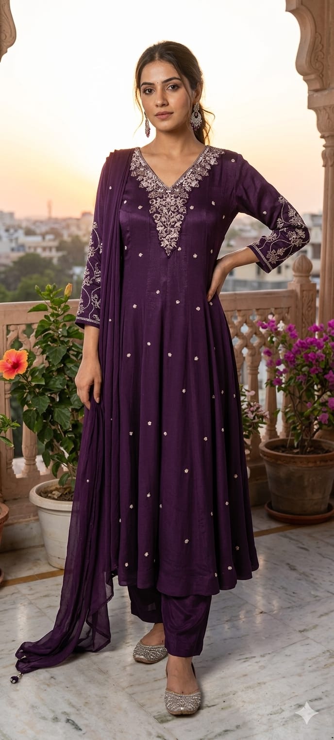 Elegant Chinon Anarkali Suit Set with Heavy Hand Embroidered Neckline & Buti Work Full Suit 13887 W46