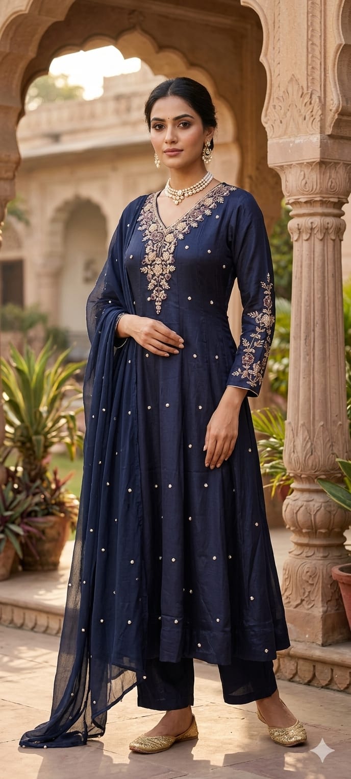 Premium Chinon Fabric Anarkali Full Suit Set with Intricate Hand Embroidery 13997 W48