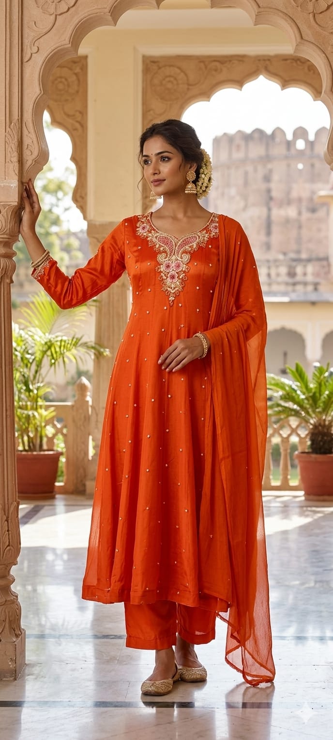 Elegant Chinon Anarkali Suit Set with Heavy Handwork Embroidered Neckline Full Suit 14018 W44