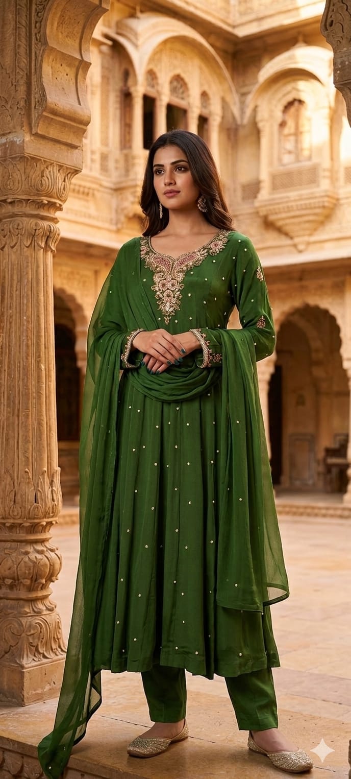 Elegant Chinon Anarkali Suit Set with Heavy Handwork Embroidered Neckline Full Suit 14018 W44