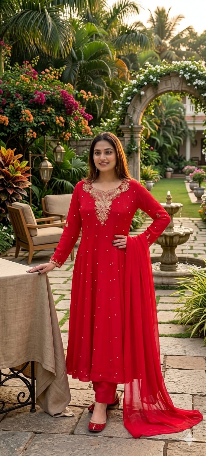 Elegant Chinon Anarkali Suit Set with Heavy Handwork Embroidered Neckline Full Suit 14018 W44